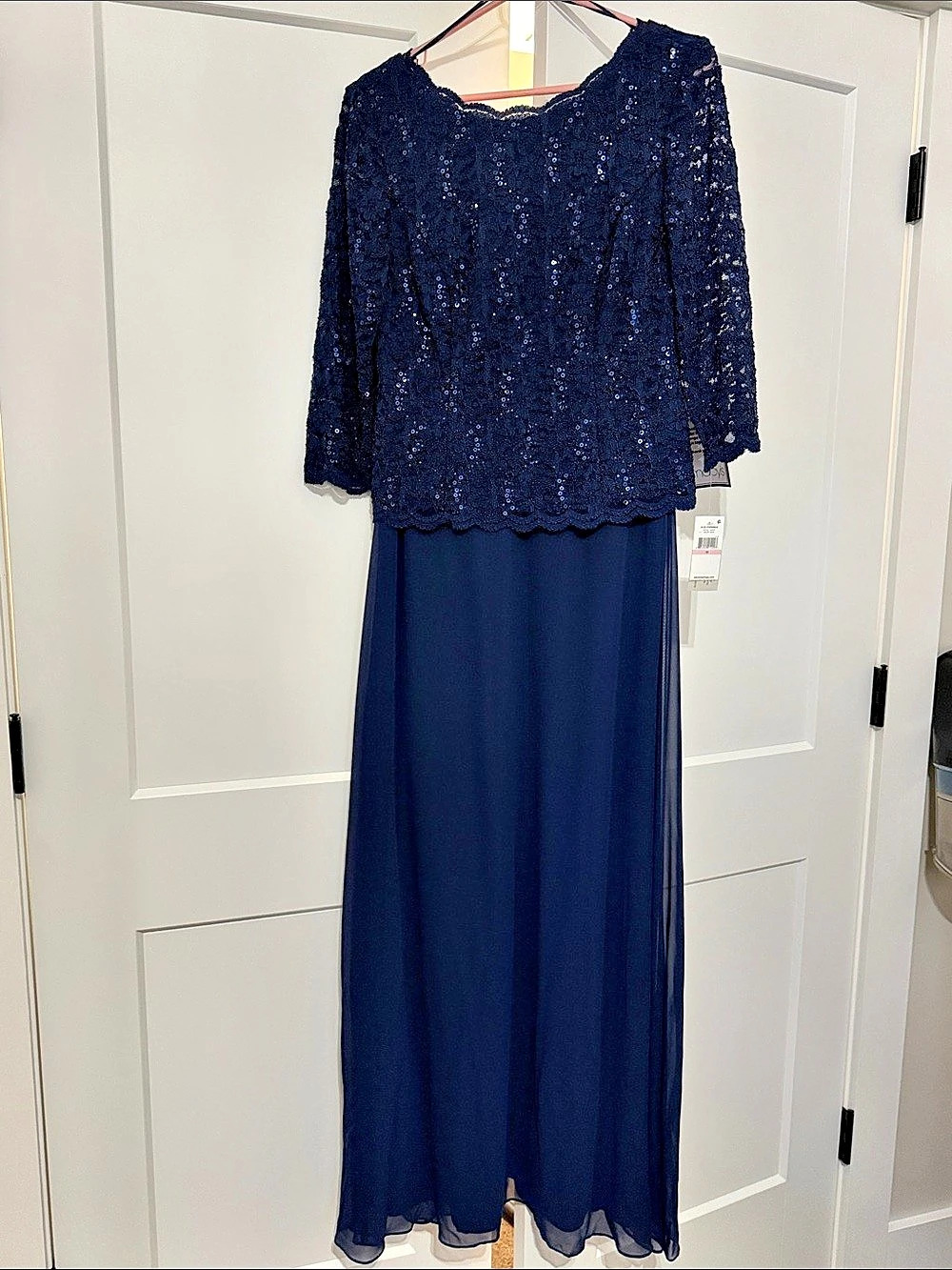 Alex Evenings Sequin Lace Bodice Chiffon Gown Navy Lace Sequin Maxi Dress Size